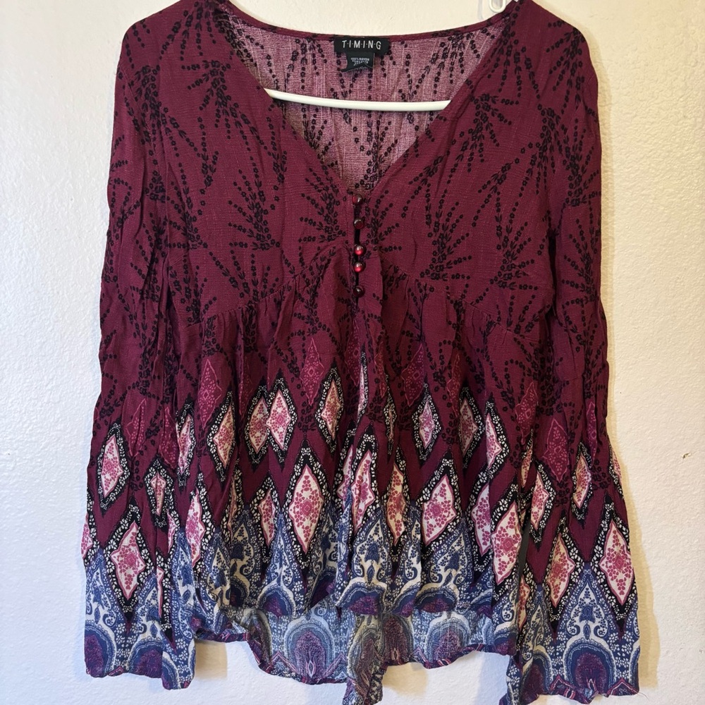 Women's Maroon and Navy Patterned Flowy Blouse, Long Sleeve, Size M